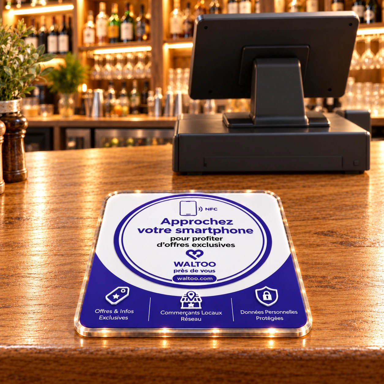 La plaque NFC Waltoo côté client sur un comptoir en bois, avec la caisse tournée vers le commerçant et l’arrière-bar en fond